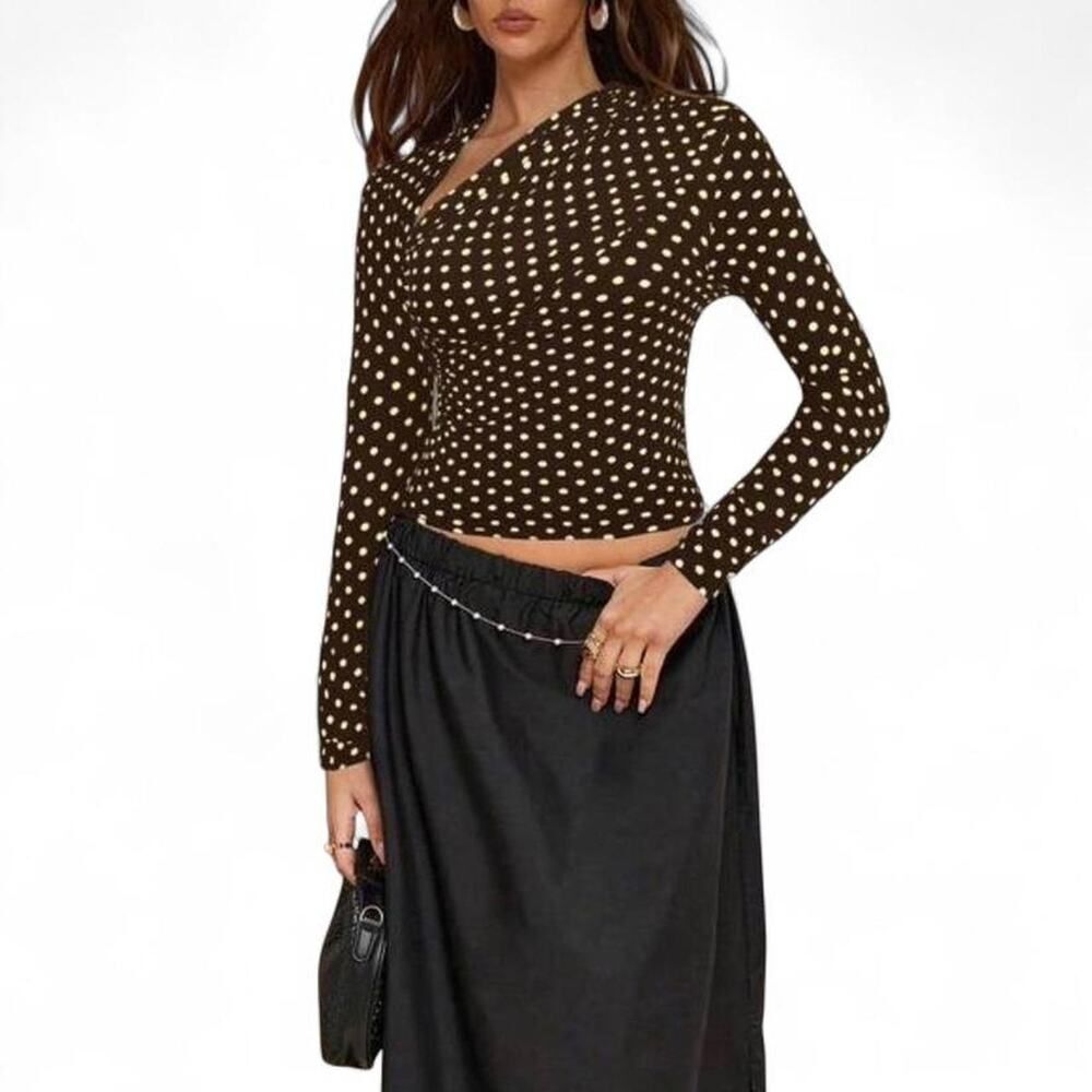 Brown Yellow Polka Dot Top Women's XS - Picture 2 of 6
